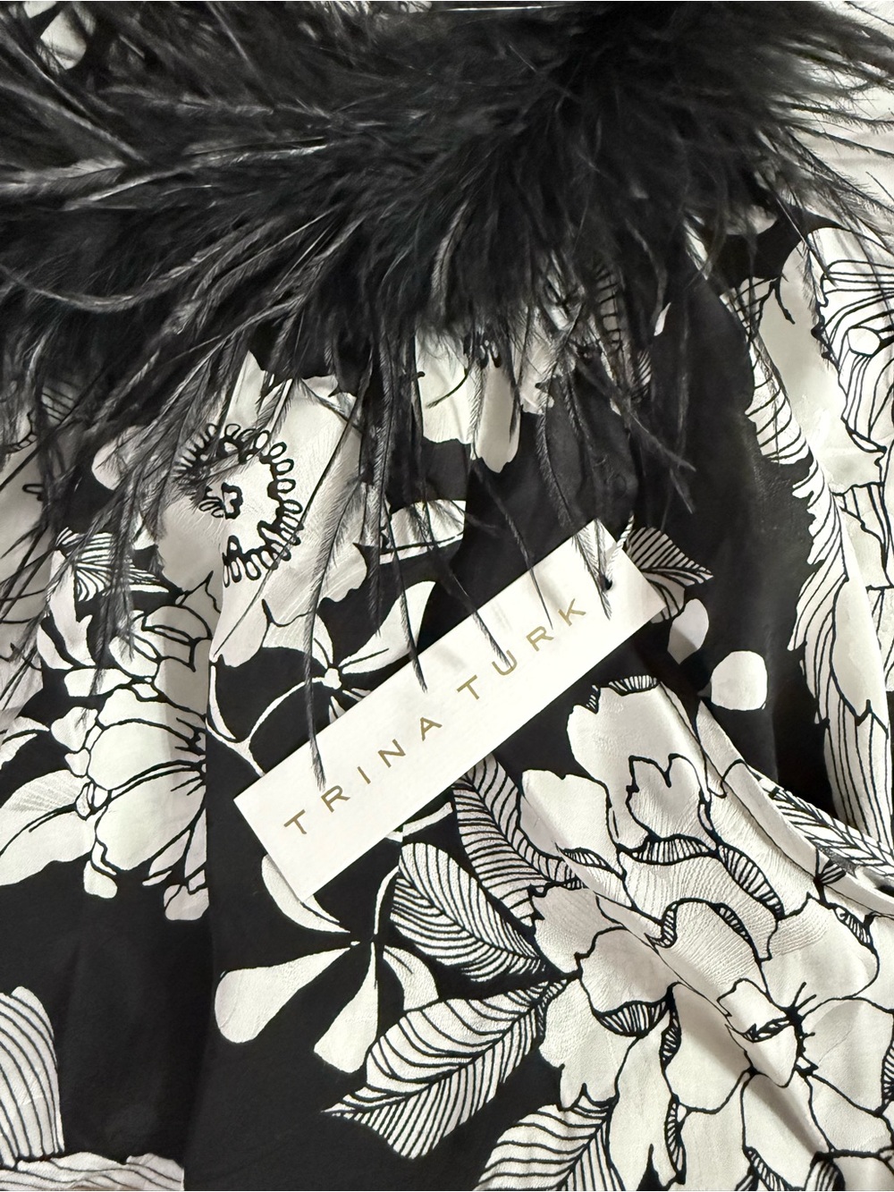 Trina Turk Grand Ostrich Feather Trim Rayon Floral Halter Blouse Top NWT $228 - Picture 4 of 7
